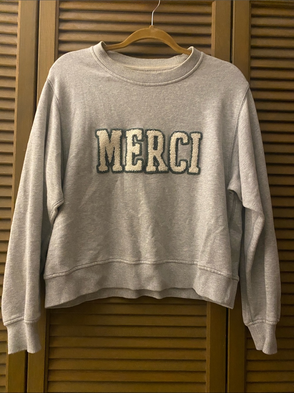 aerie Light Gray Crewneck Sweatshirt with Cream 'MERCI' Chenille